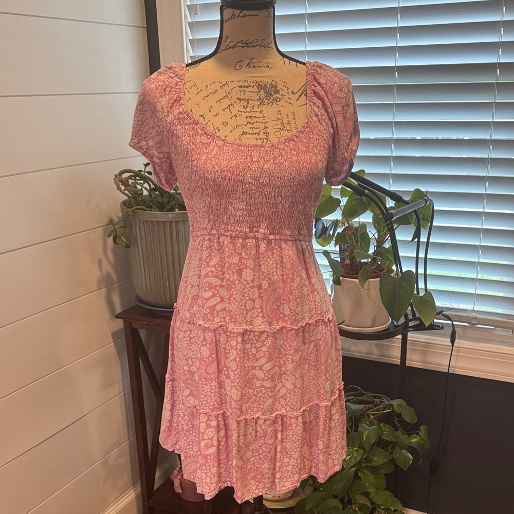 Hollister Pink Paisley Tiered Smocked Mini Dress